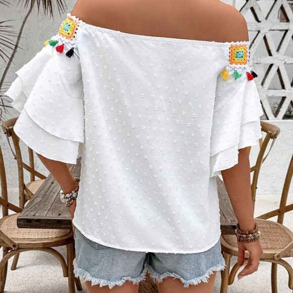 White Boho Women's Off Shoulder Shirt With Colorful Tassel Design - Picture 2 of 6
